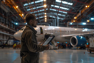 engineer stand holding digital tablet an airplane construction hangar, with an airplane being built