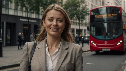 Elegante donna d'affari che lavora nel distretto finanziario di Londra sorridente prima di iniziare la giornata di lavoro
