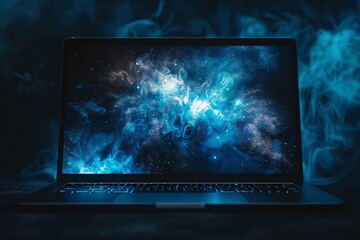 a laptop with a blue and white background