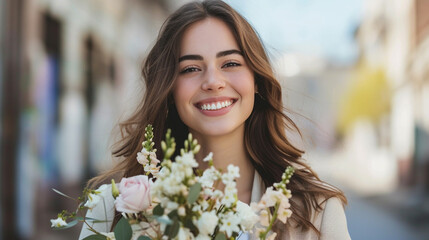 A cheerful businesswoman wearing elegant Easter attire, smiling confidently while holding a bouquet of spring flowers
