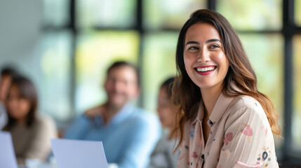 A corporate leader captivates the audience with a charming and sincere smile during an Easter-themed presentation