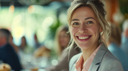 A group of businesspeople attended an Easter brunch together, with a happy entrepreneur spearheading the events with a beaming smile