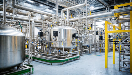 Industrial interior of a modern beer factory. Industrial zone with equipment