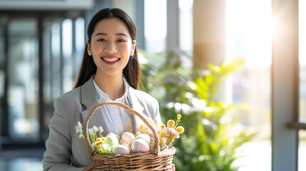An image shows a contented entrepreneur in a brightly lighted office foyer, carrying an Easter basket full of goodies for her coworkers