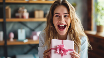 Authentic happiness on the face of a contented businesswoman who receives an Easter surprise gift from a colleague