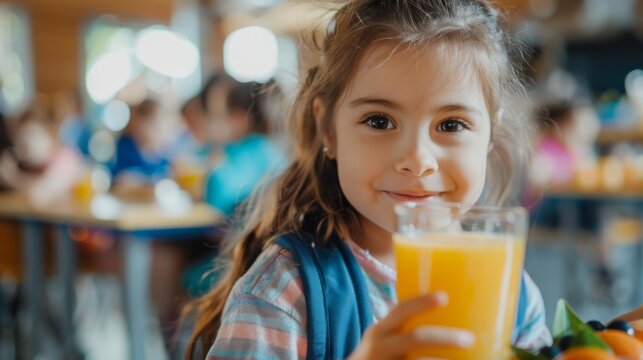 Preschool girl with brown hair in a white sweater enjoying a glass of orange juice
