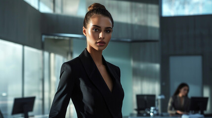 Charismatic businesswoman in a sleek office, confidently handling challenging situations