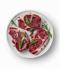 Fresh beef steaks top view on white plate isolated on white background 