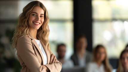 Confident businesswoman presenting an Easter-themed presentation, captivating her audience with a charismatic smile