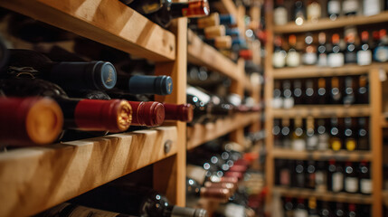 Photo of wine cellar with bottles of wine on shelves - obrazy, fototapety, plakaty