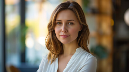 Confident, professional woman in a brightly lit office standing for a headshot against an Easter-themed backdrop