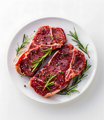 Fresh beef steaks top view on white plate isolated on white background 