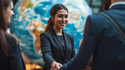 Confident businesswoman collaborating with international partners, ensuring global success