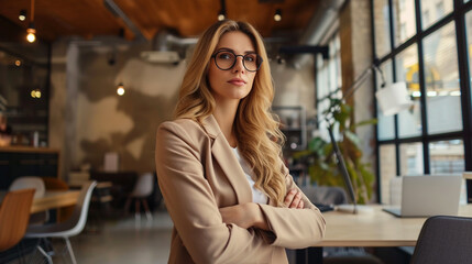 Elegant businesswoman in a modern workspace, embodying the essence of leadership
