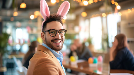 During a team meeting, a business executive with accessories with an Easter motif exudes warmth and cheerfulness