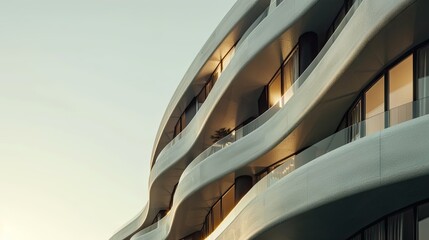 a concept for a building, curved shapes and balconies, creative windows and outer structure, warm lighting 