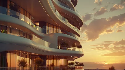  a concept for a building, curved shapes and balconies, creative windows and outer structure, warm lighting  © Sem