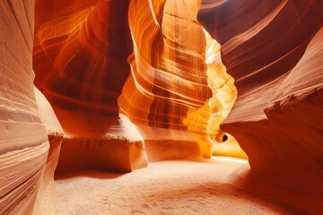 A narrow canyon with a sandy floor and a bright orange hue