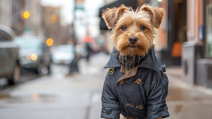a pet strutting down a busy city sidewalk, decked out in stylish accessories or a trendy outfit
 - obrazy, fototapety, plakaty