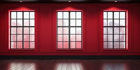 Red room with black window frames and white funaces. A vacant tenant space for small office, restaurants, and bars. wide format.