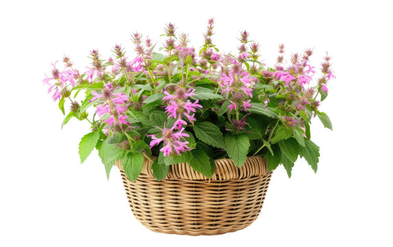 Scalloped Rattan Pot Hosting Bee Balm isolated on transparent Background