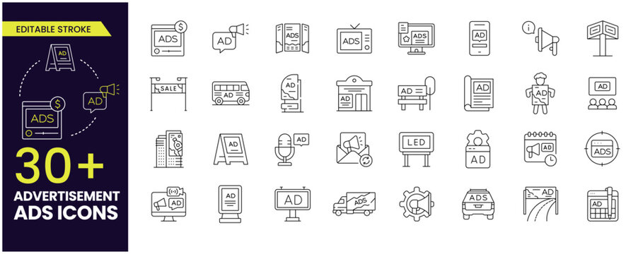 Advertisement icon. Editable Stroke icon contains Digital Marketing, Billboard ads, online ads and bus ads. Stroke icon collection Outline icon