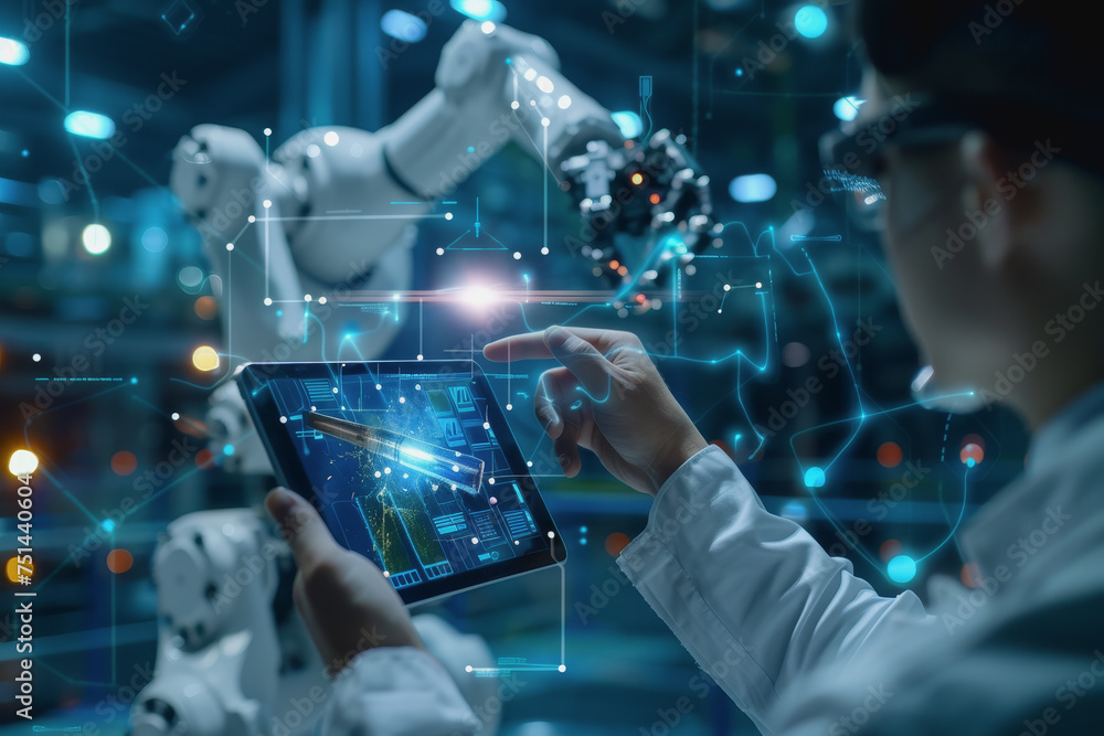 Poster an engineer uses a digital tablet to control a robotic arm in a high-tech industrial environment.