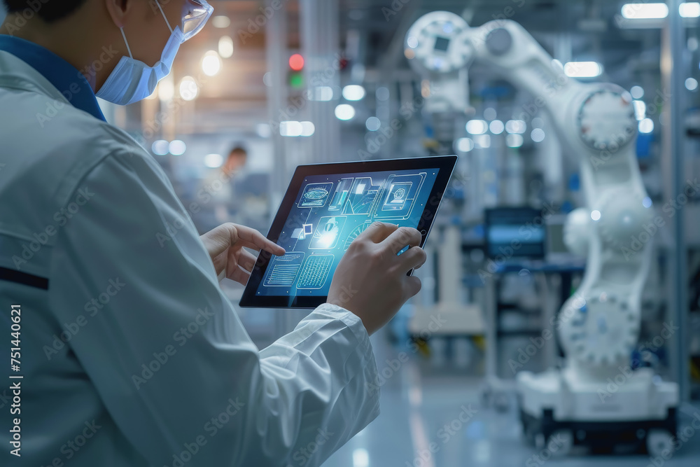 Poster an engineer uses a digital tablet to control a robotic arm in a high-tech industrial environment.