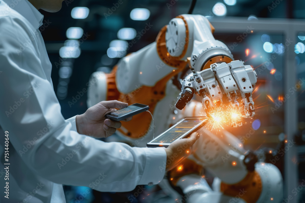 Poster an engineer uses a digital tablet to control a robotic arm in a high-tech industrial environment.
