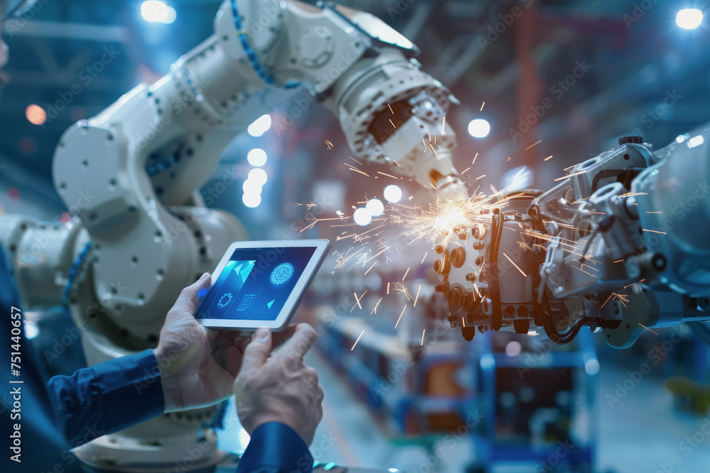 Poster an engineer uses a digital tablet to control a robotic arm in a high-tech industrial environment.