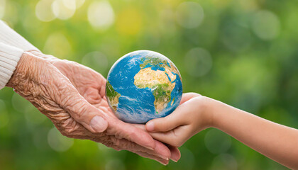 Close up of senior hands giving small planet earth to a child over defocused green background with copy space