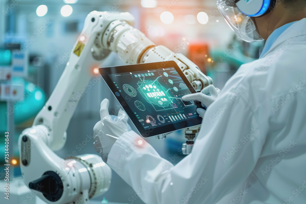 Aufkleber an engineer uses a digital tablet to control a robotic arm in a high-tech industrial environment.