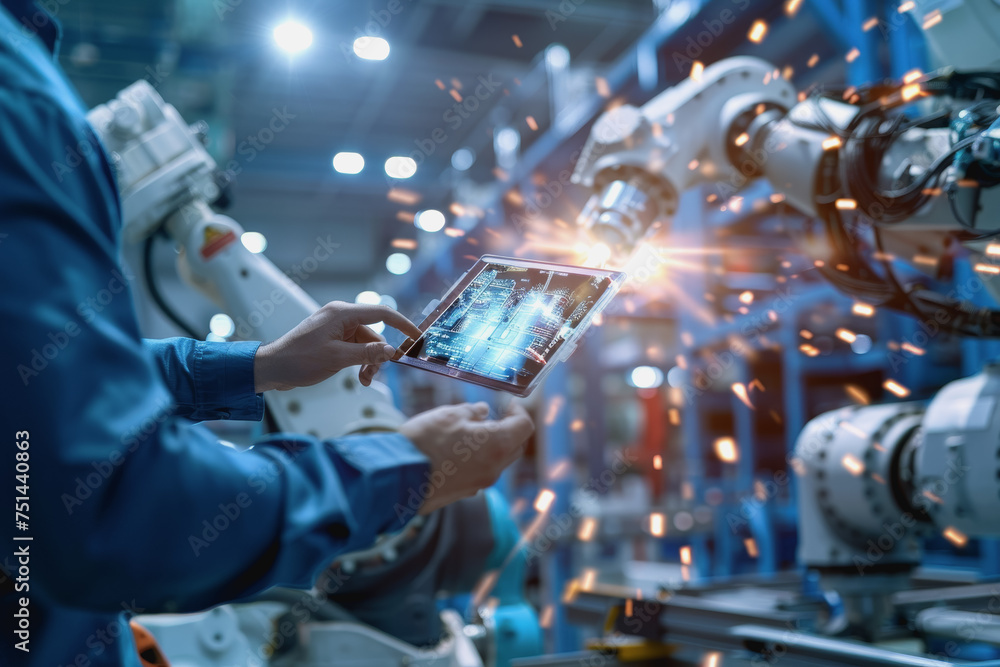 Aufkleber an engineer uses a digital tablet to control a robotic arm in a high-tech industrial environment.