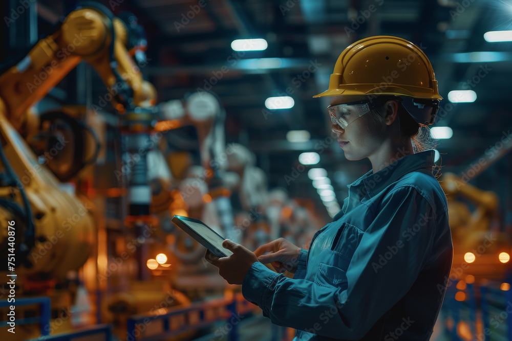 Aufkleber an engineer uses a digital tablet to control a robotic arm in a high-tech industrial environment.