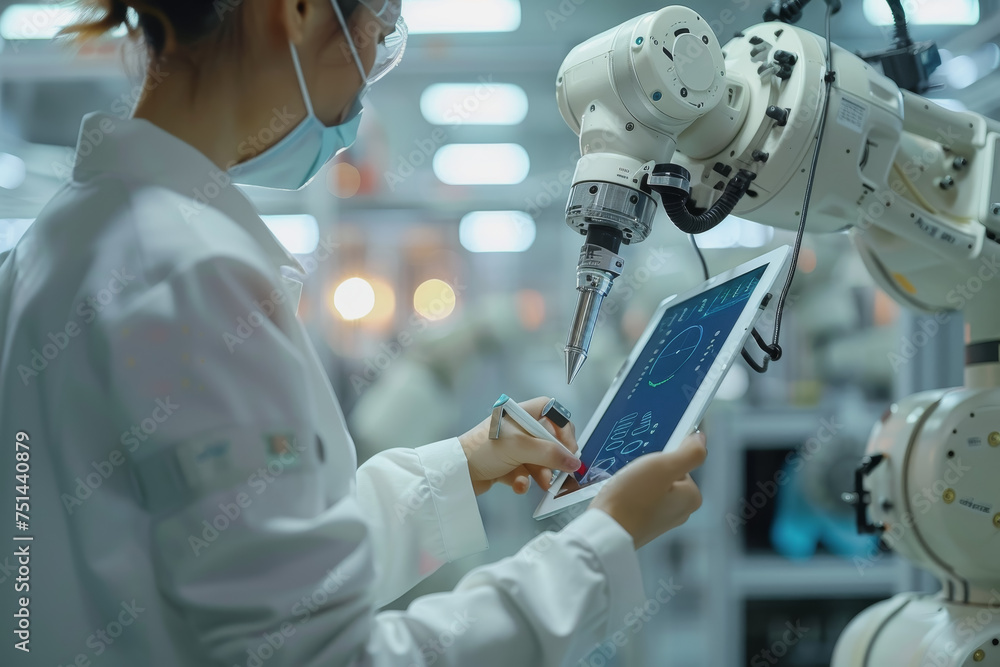 Aufkleber an engineer uses a digital tablet to control a robotic arm in a high-tech industrial environment.