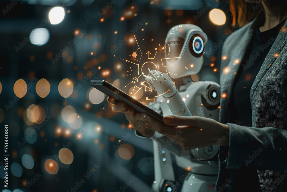 Poster an engineer uses a digital tablet to control a robotic arm in a high-tech industrial environment.