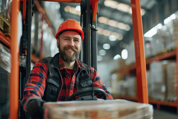 Happy male warehouse worker driving pallet jack - Powered by Adobe