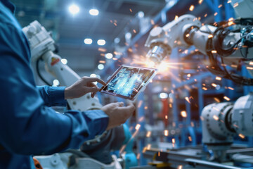 An engineer uses a digital tablet to control a robotic arm in a high-tech industrial environment.
