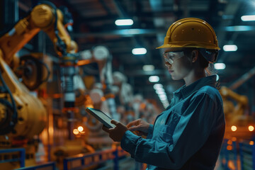 An engineer uses a digital tablet to control a robotic arm in a high-tech industrial environment.