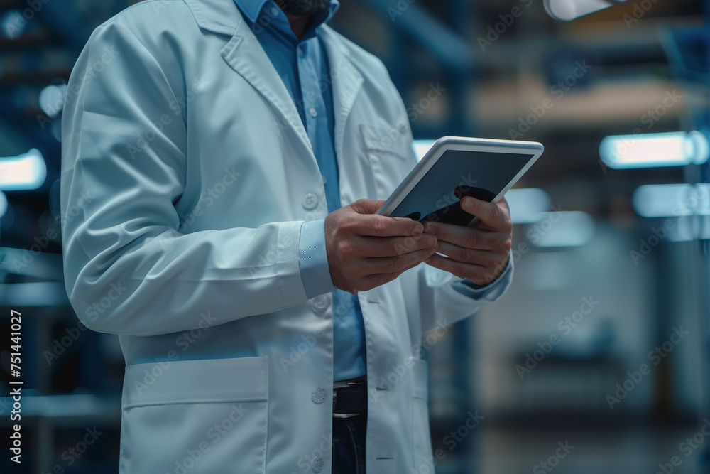 Aufkleber an engineer uses a digital tablet to control a robotic arm in a high-tech industrial environment.