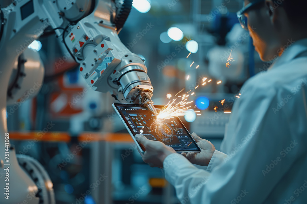Aufkleber an engineer uses a digital tablet to control a robotic arm in a high-tech industrial environment.