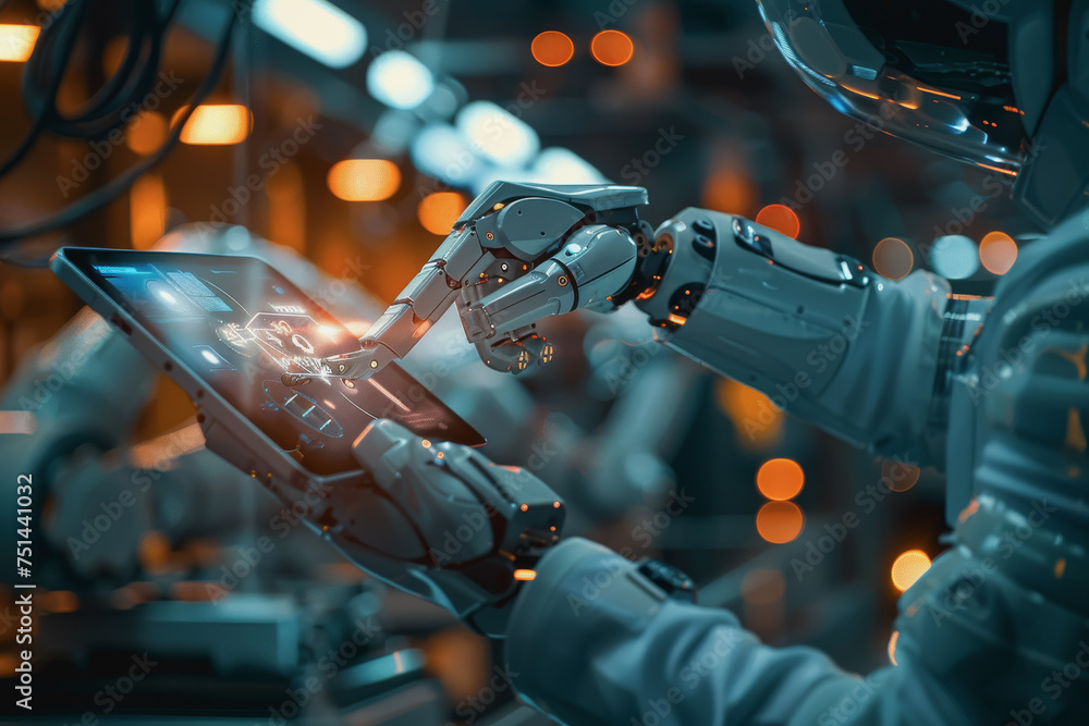 Poster an engineer uses a digital tablet to control a robotic arm in a high-tech industrial environment.