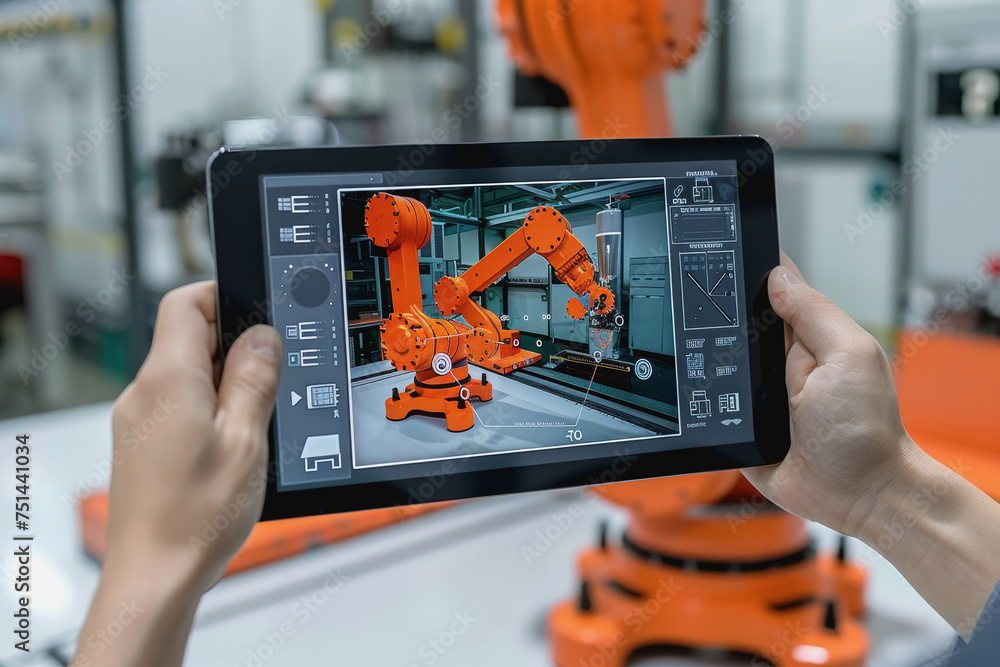 Aufkleber an engineer uses a digital tablet to control a robotic arm in a high-tech industrial environment.