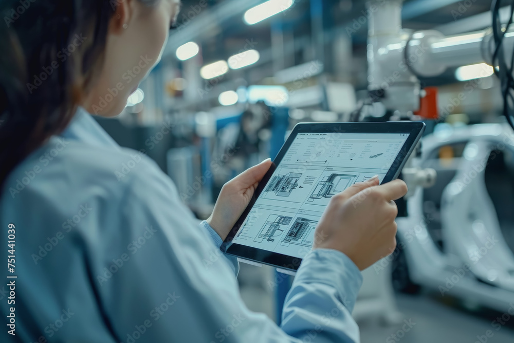 Aufkleber an engineer uses a digital tablet to control a robotic arm in a high-tech industrial environment.