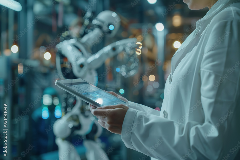 Poster an engineer uses a digital tablet to control a robotic arm in a high-tech industrial environment.