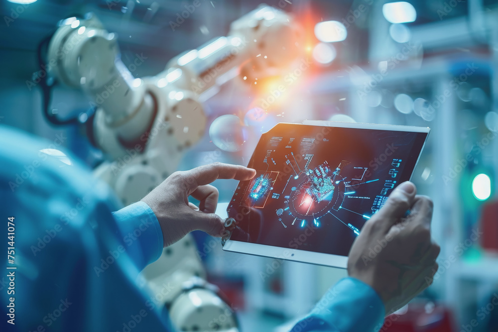 Poster an engineer uses a digital tablet to control a robotic arm in a high-tech industrial environment.
