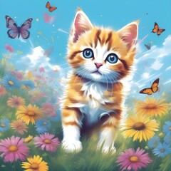 A vibrant illustration of a cute kitten amidst colorful flowers and butterflies under a clear sky. Perfect for children’s concepts. generative ai