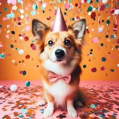 Dog wearing a pink party hat and bow tie with falling confetti. Festive, fun celebration