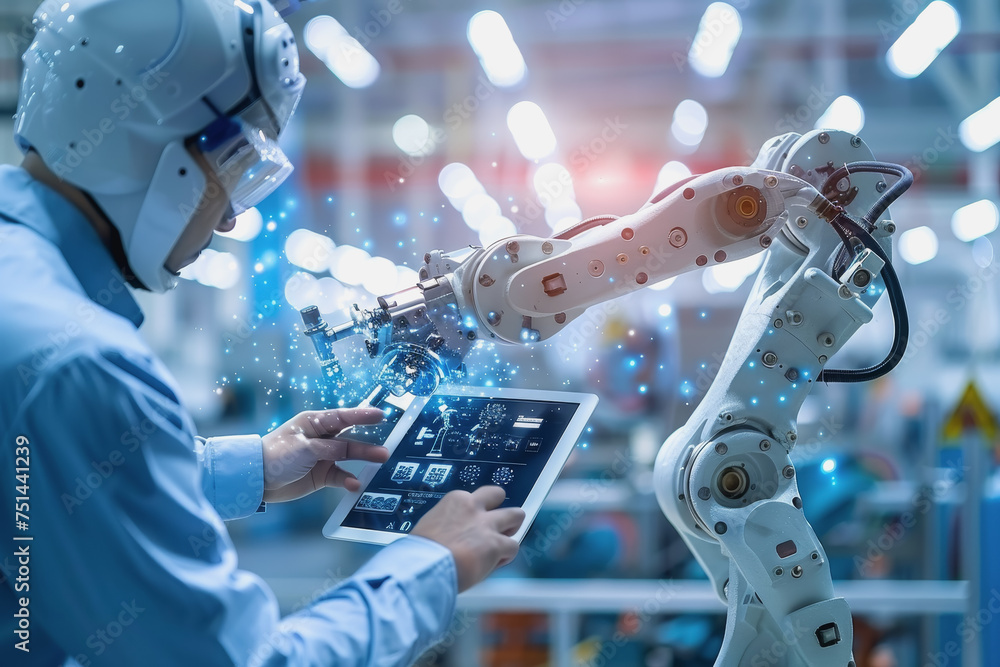 Aufkleber an engineer uses a digital tablet to control a robotic arm in a high-tech industrial environment.