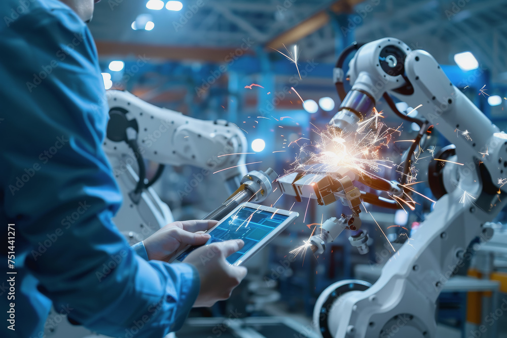 Aufkleber an engineer uses a digital tablet to control a robotic arm in a high-tech industrial environment.